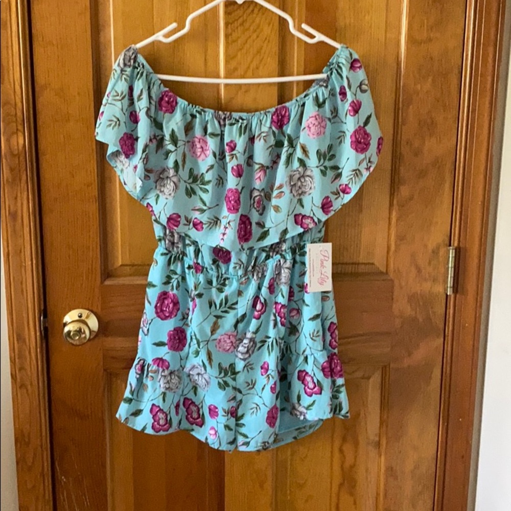Turquoise and magenta off shoulder romper